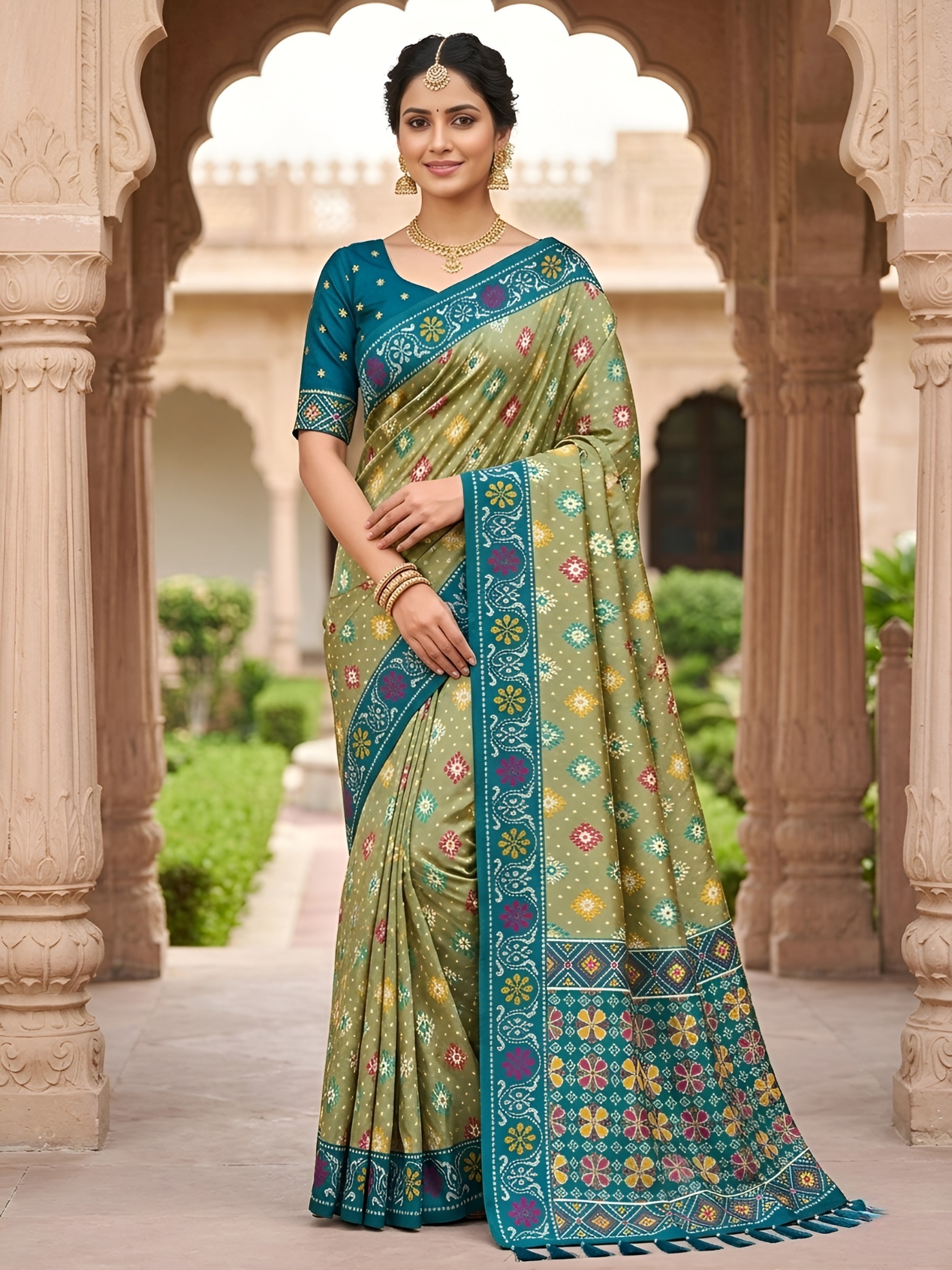 Pista Woven Meenakari Patola Silk Saree