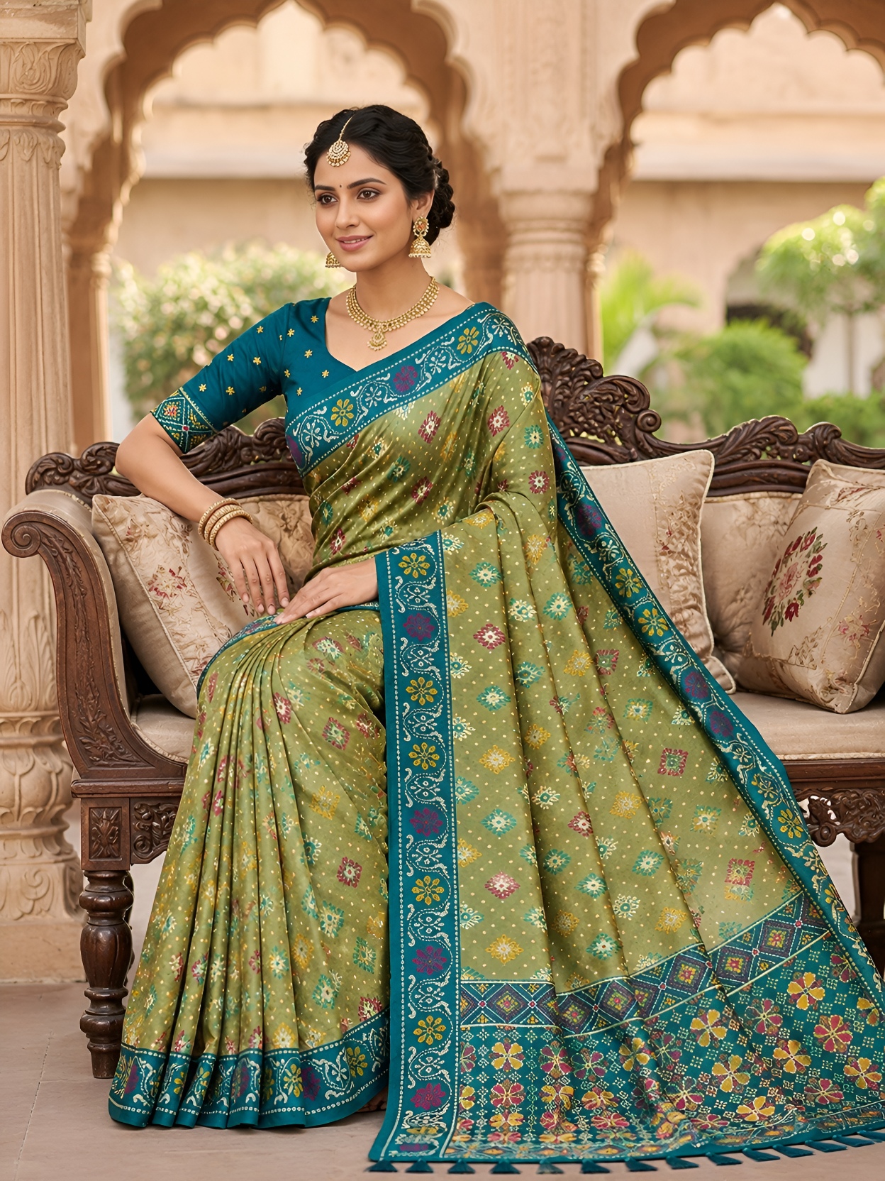 Pista Woven Meenakari Patola Silk Saree
