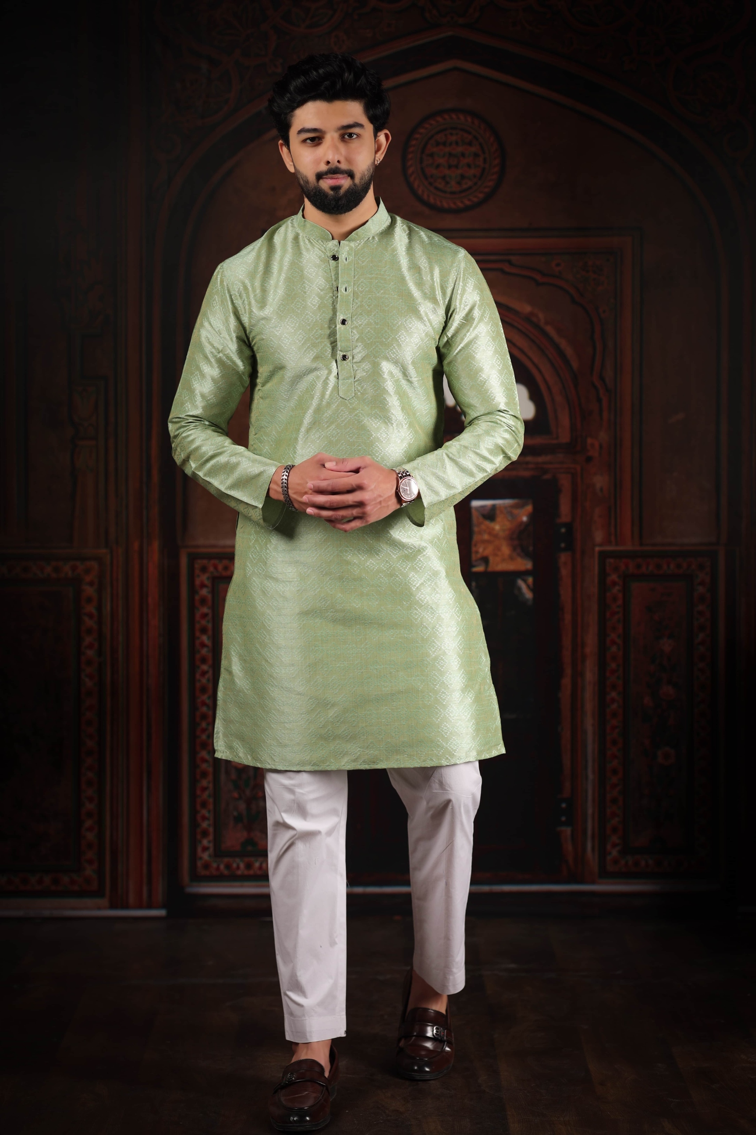 Pista Woven Pattern Art Silk Kurta Pyjama