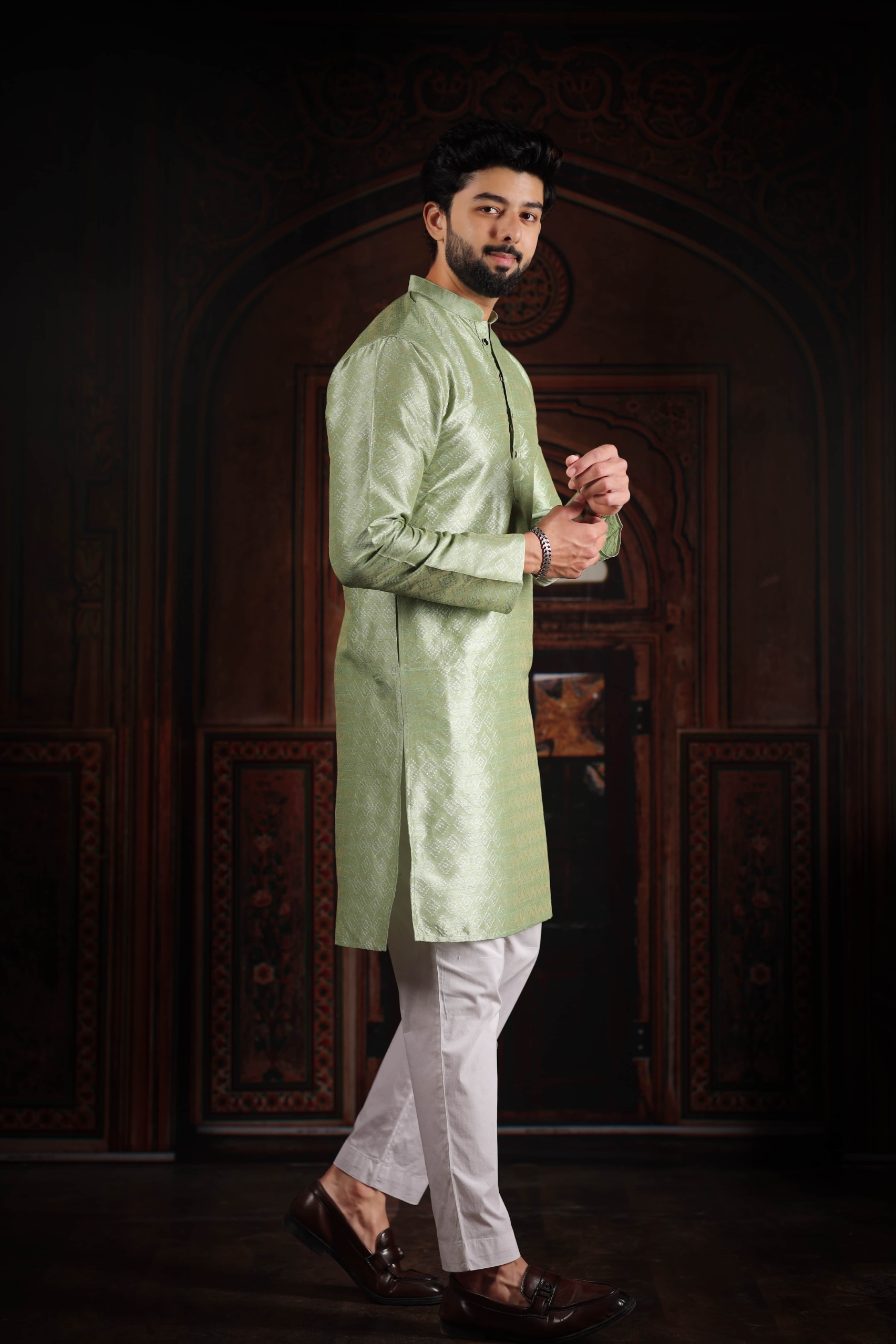 Pista Woven Pattern Art Silk Kurta Pyjama