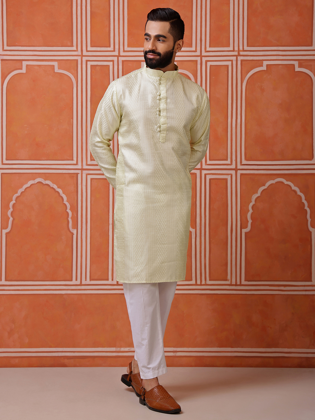 Pista Woven Sequence Embroidery Cotton Blend Kurta Pyjama