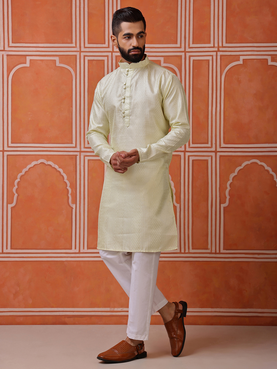 Pista Woven Sequence Embroidery Cotton Blend Kurta Pyjama