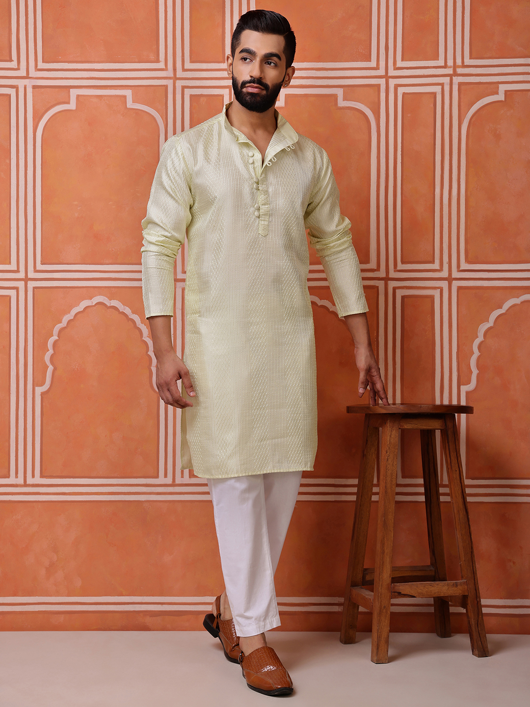 Pista Woven Sequence Embroidery Cotton Blend Kurta Pyjama