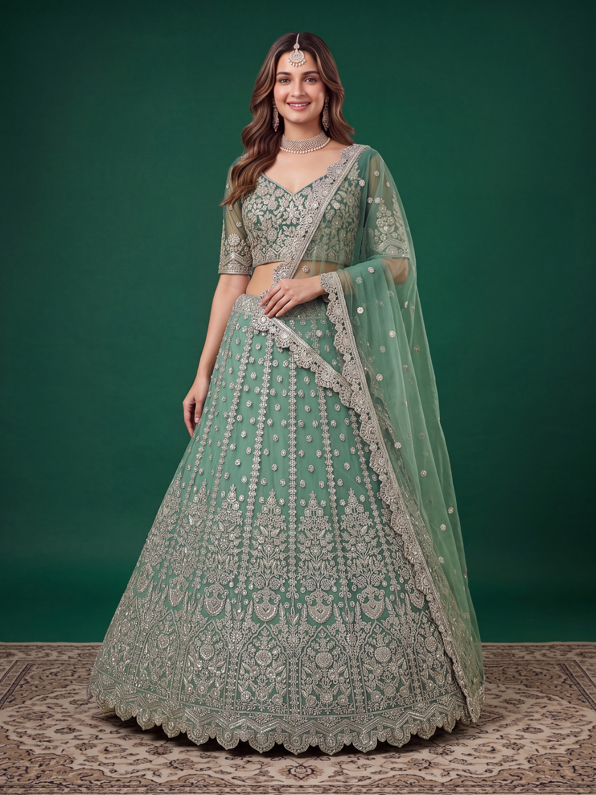 Pista Zari Dori Soft Net Panelled Bridal Lehenga Choli
