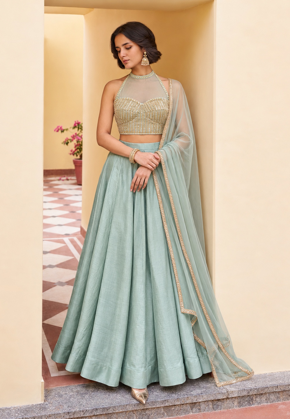 Powder Blue Sequins Embroidery Roman Silk Lehenga Choli