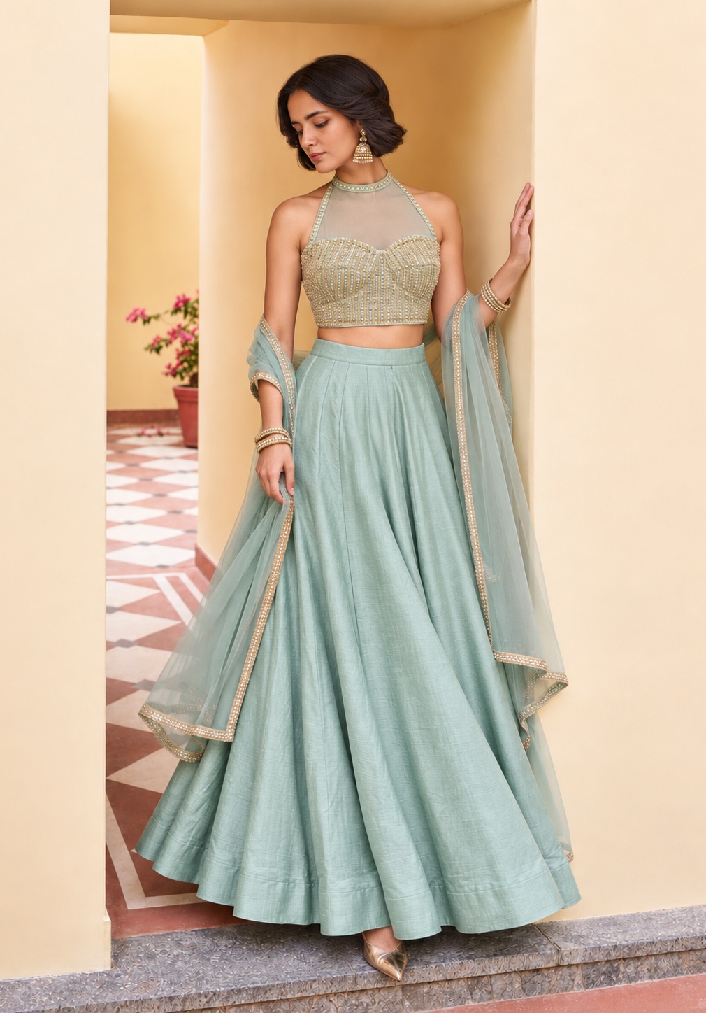 Powder Blue Sequins Embroidery Roman Silk Lehenga Choli