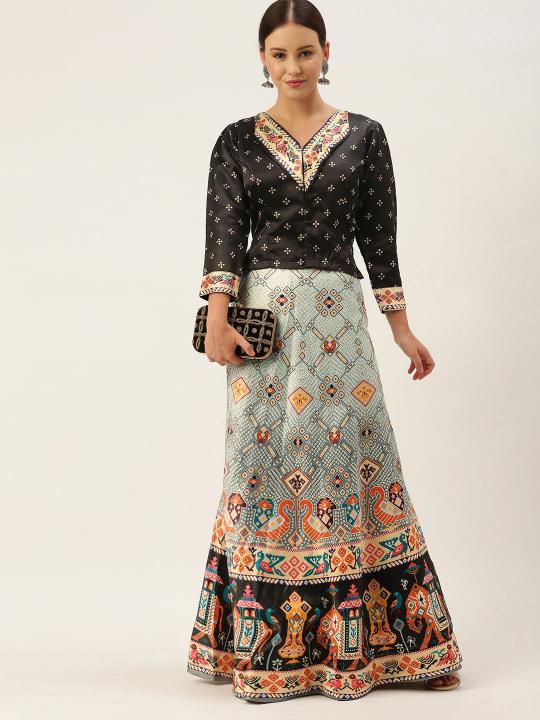 Printed Black N Multicolor Crop Top Lehenga