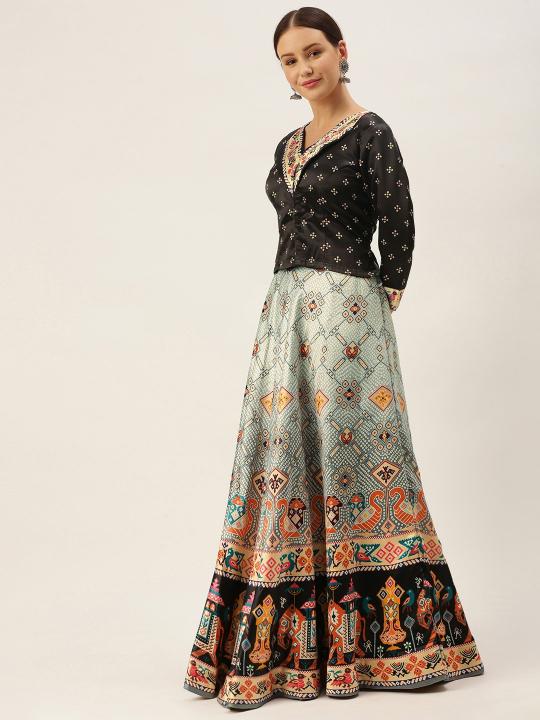 Printed Black N Multicolor Crop Top Lehenga