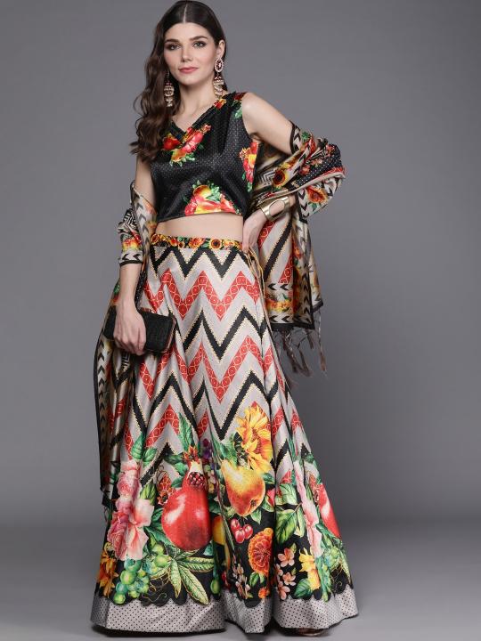 Printed Black N Off White Lehenga