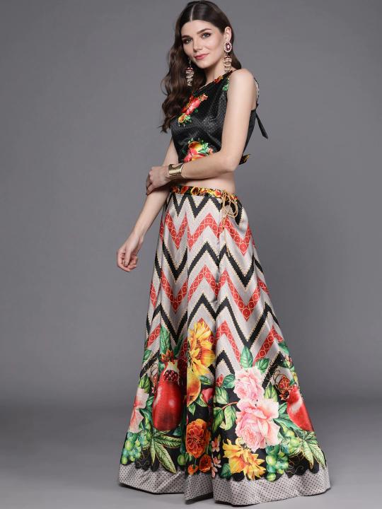 Printed Black N Off White Lehenga