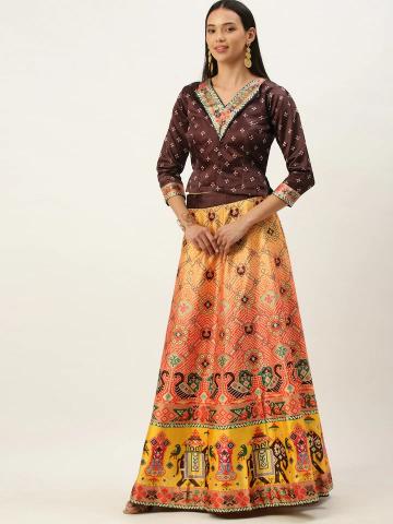 Printed Coffee N Multicolor Crop Top Lehenga