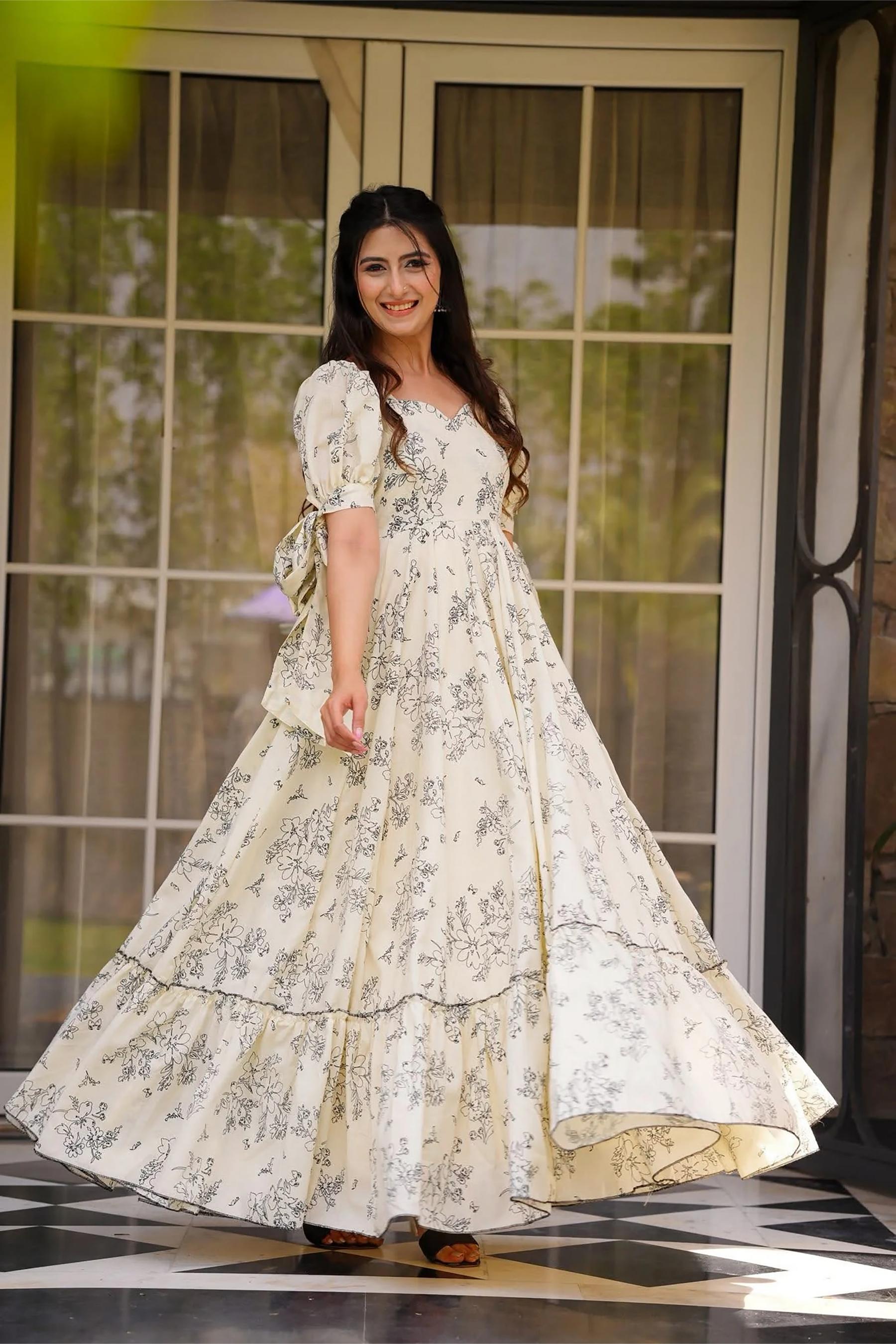 Printed Cream Rayon Gown