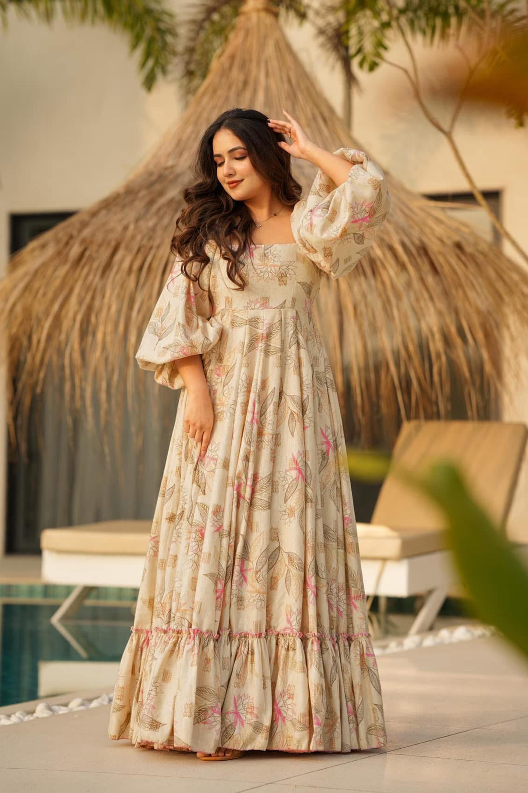 Printed Cream Rayon Gown