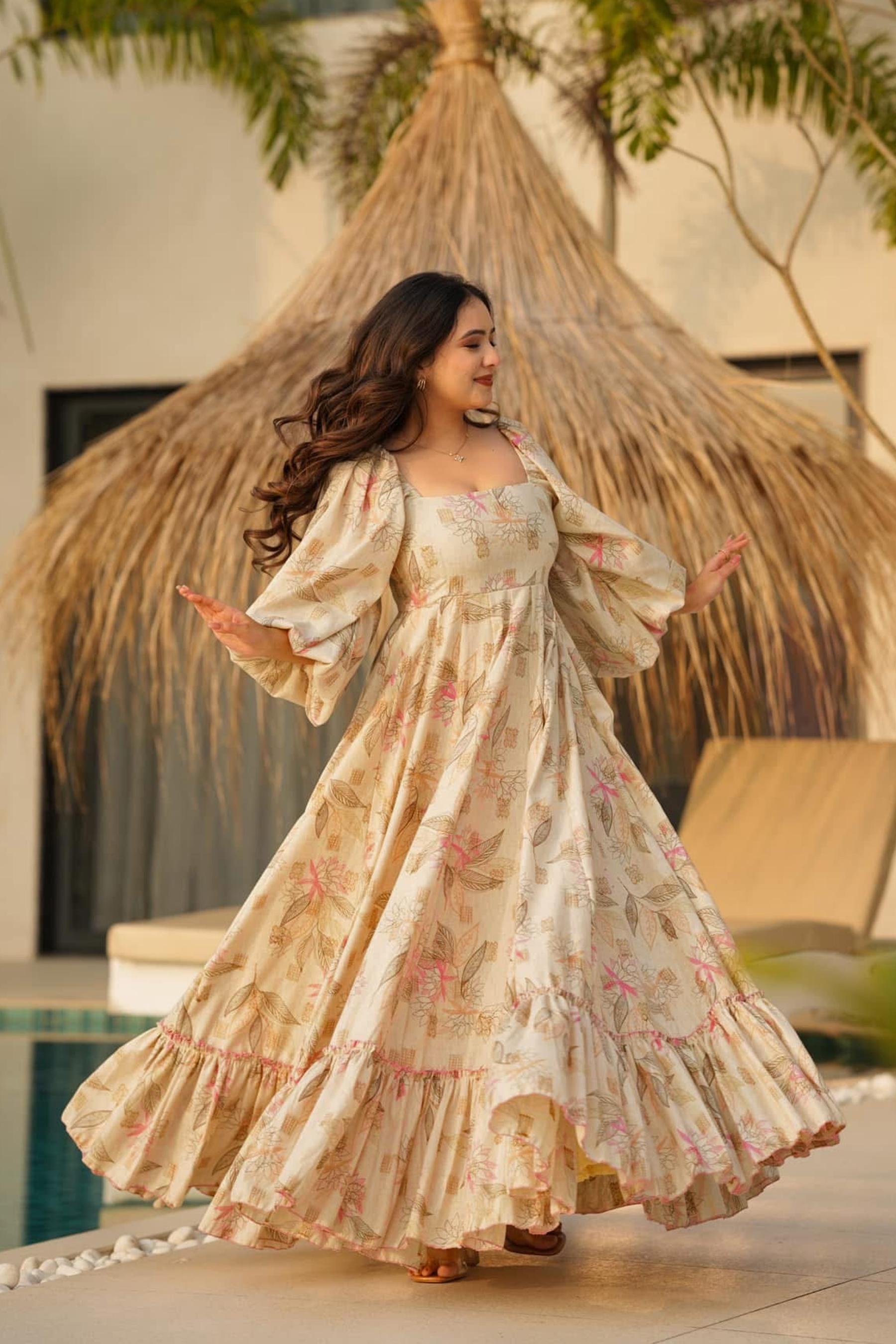 Printed Cream Rayon Gown — alternate view