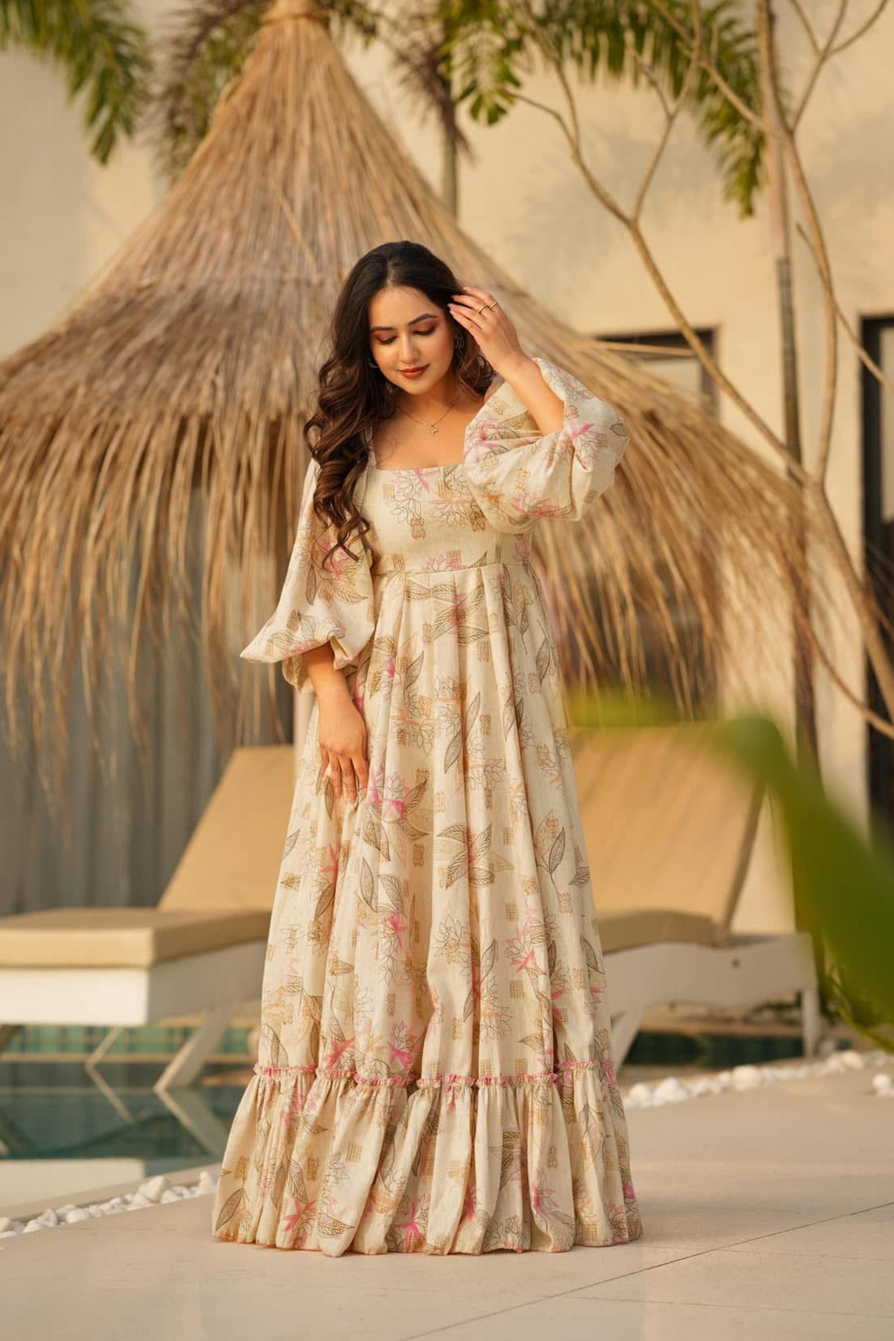 Printed Cream Rayon Gown