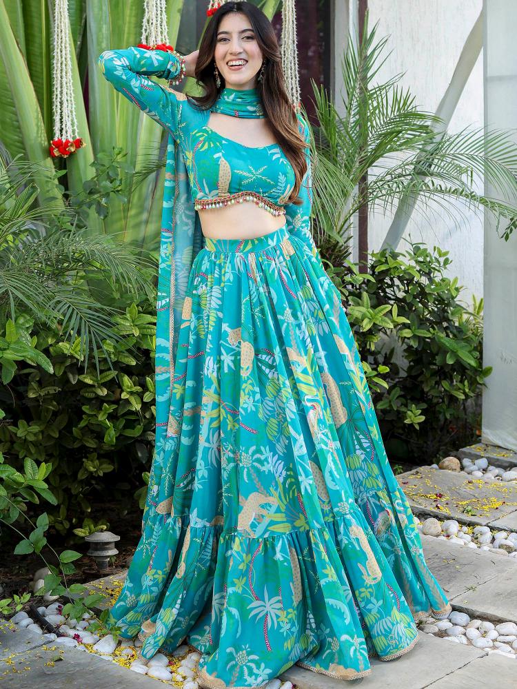 Printed Firozi Georgette Lehenga