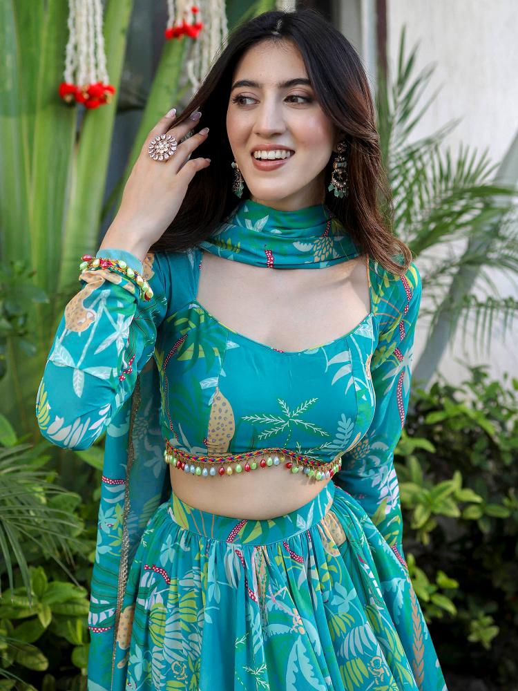 Printed Firozi Georgette Lehenga