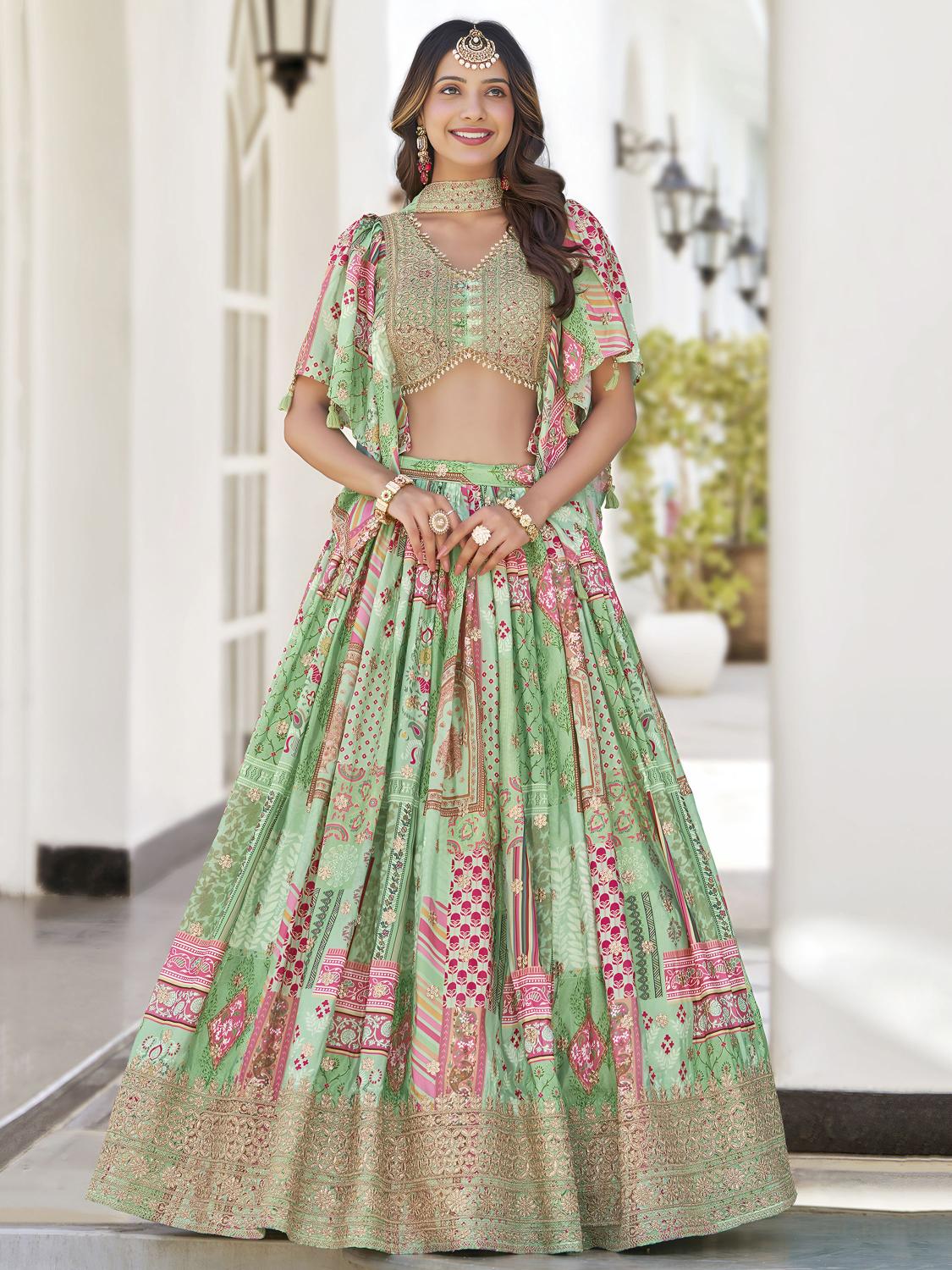 Printed Green Chinon Silk Lehenga