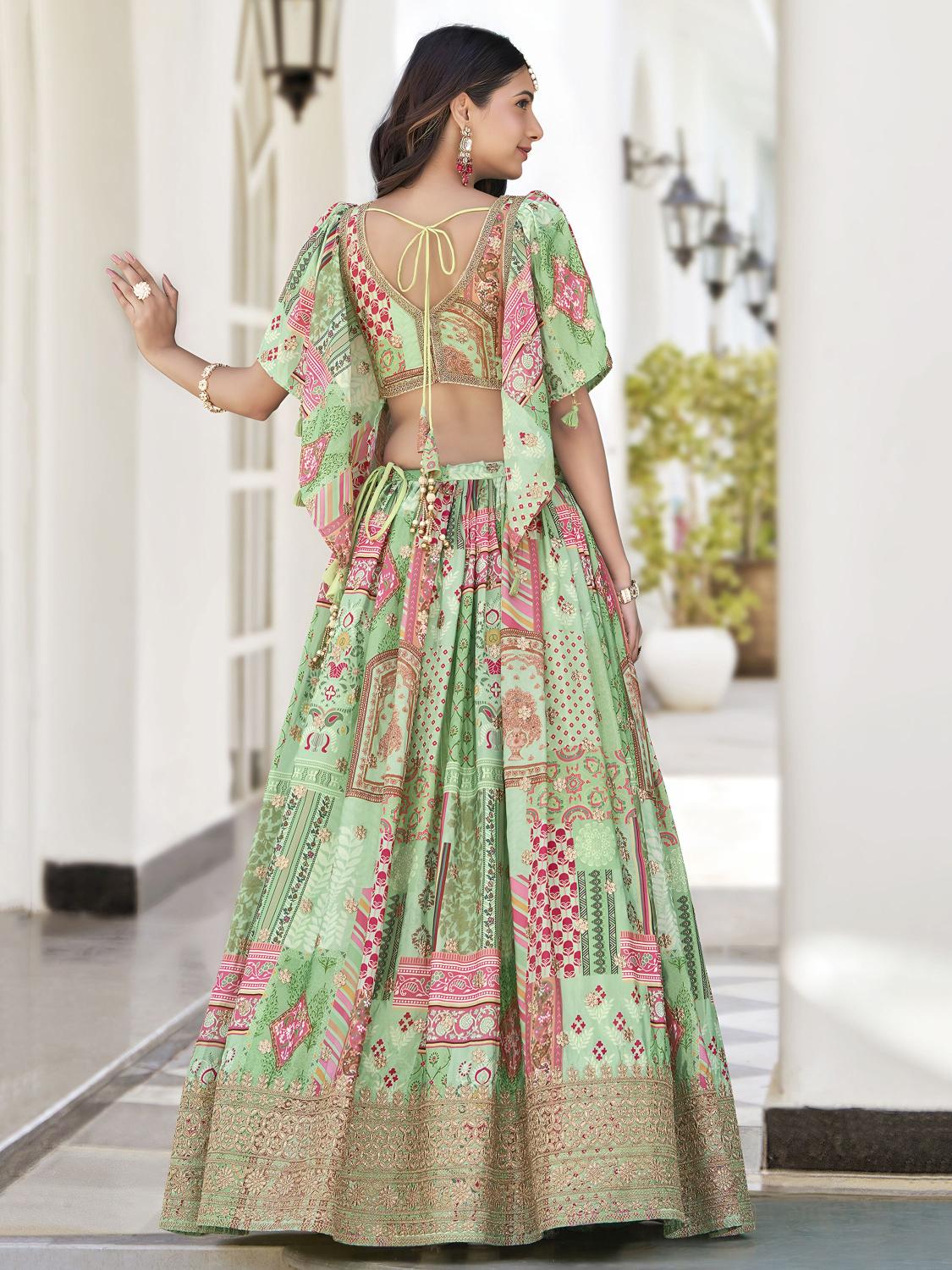 Printed Green Chinon Silk Lehenga