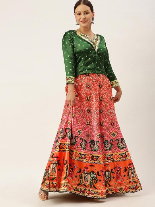 Printed Green N Multicolor Crop Top Lehenga
