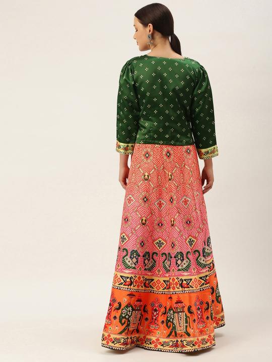 Printed Green N Multicolor Crop Top Lehenga — alternate view