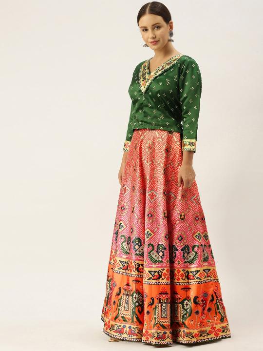 Printed Green N Multicolor Crop Top Lehenga