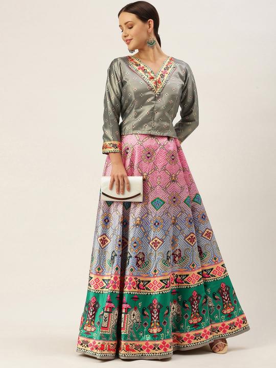 Printed Grey N Multicolor Crop Top Lehenga