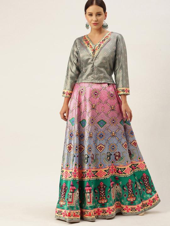 Printed Grey N Multicolor Crop Top Lehenga — alternate view