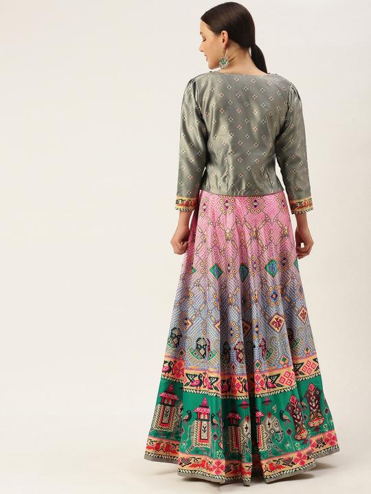 Printed Grey N Multicolor Crop Top Lehenga