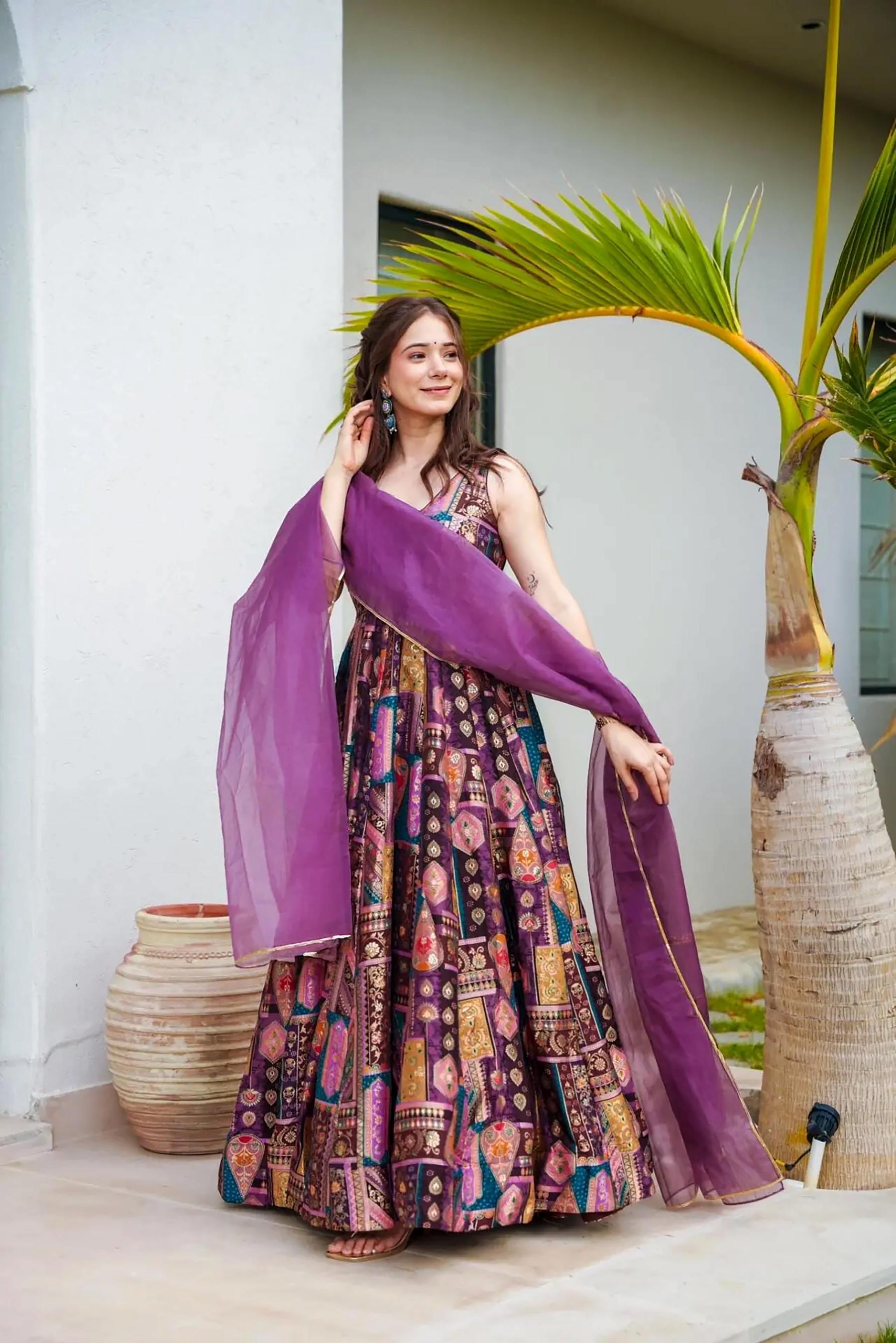 Printed Lavender Silk Gown