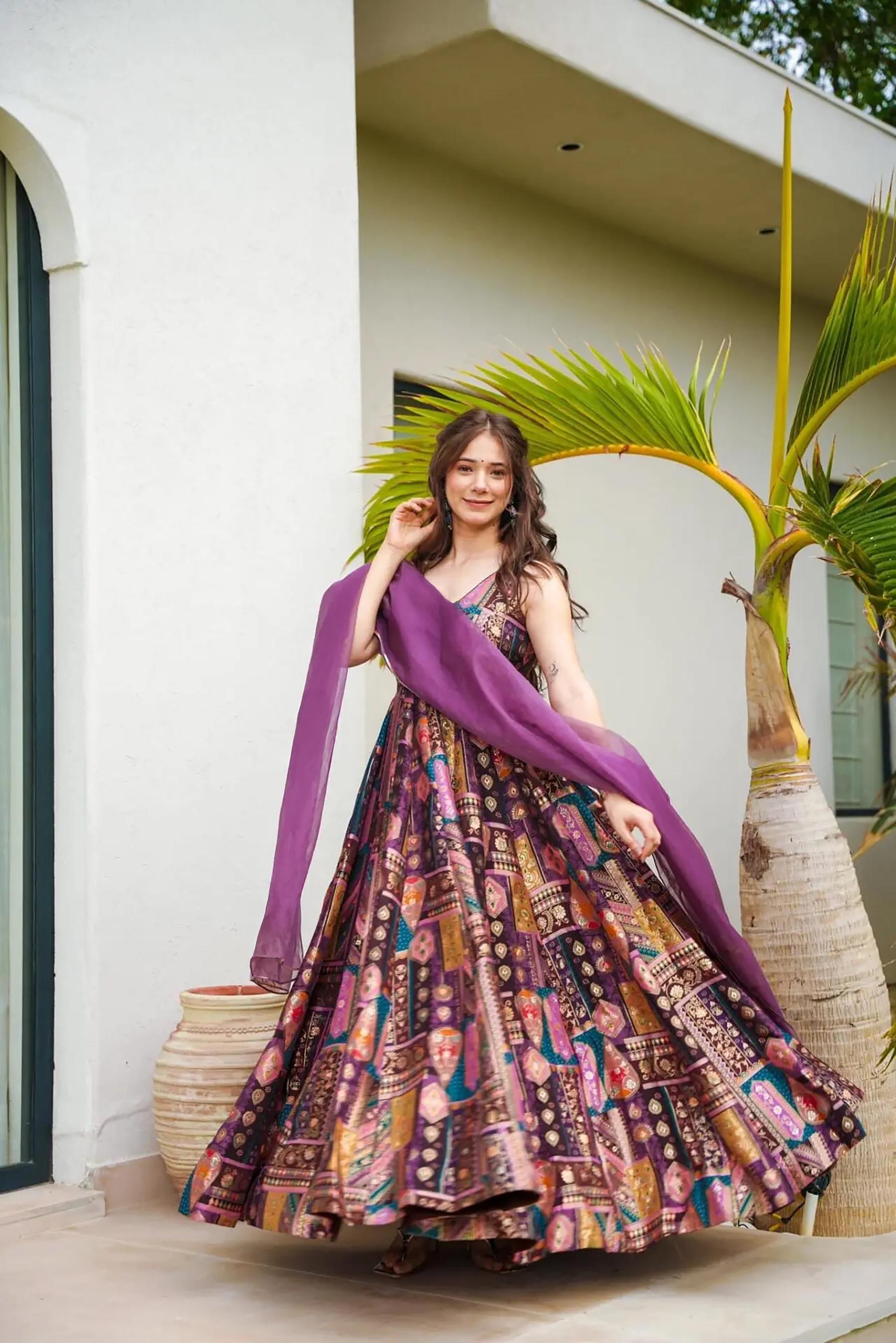 Printed Lavender Silk Gown