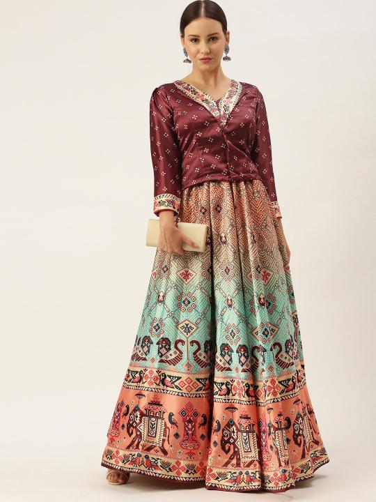 Printed Maroon N Multicolor Crop Top Lehenga