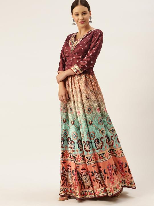 Printed Maroon N Multicolor Crop Top Lehenga