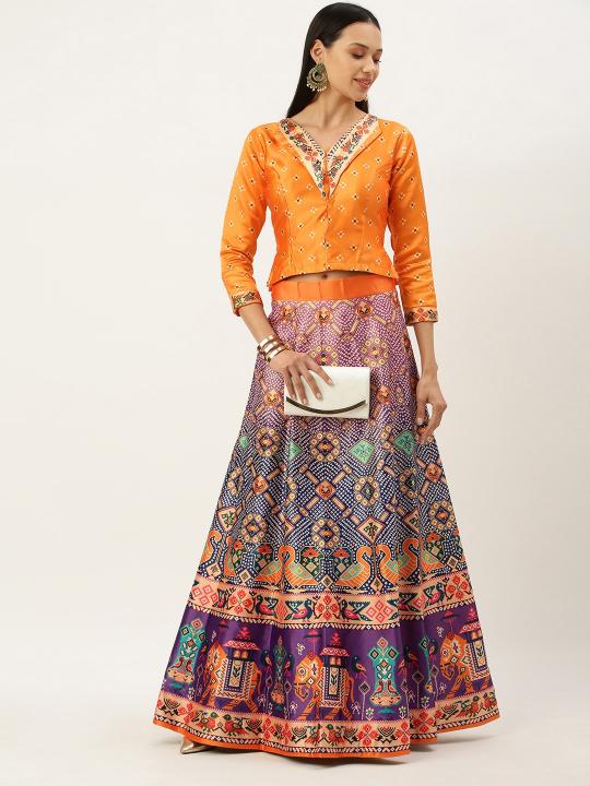Printed Mustard N Multicolor Crop Top Lehenga