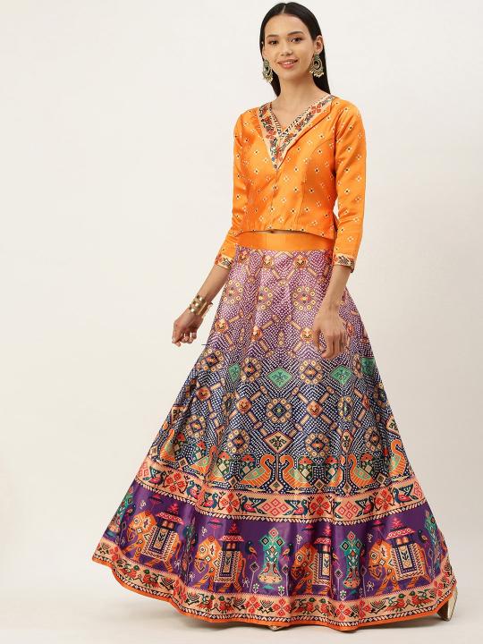 Printed Mustard N Multicolor Crop Top Lehenga