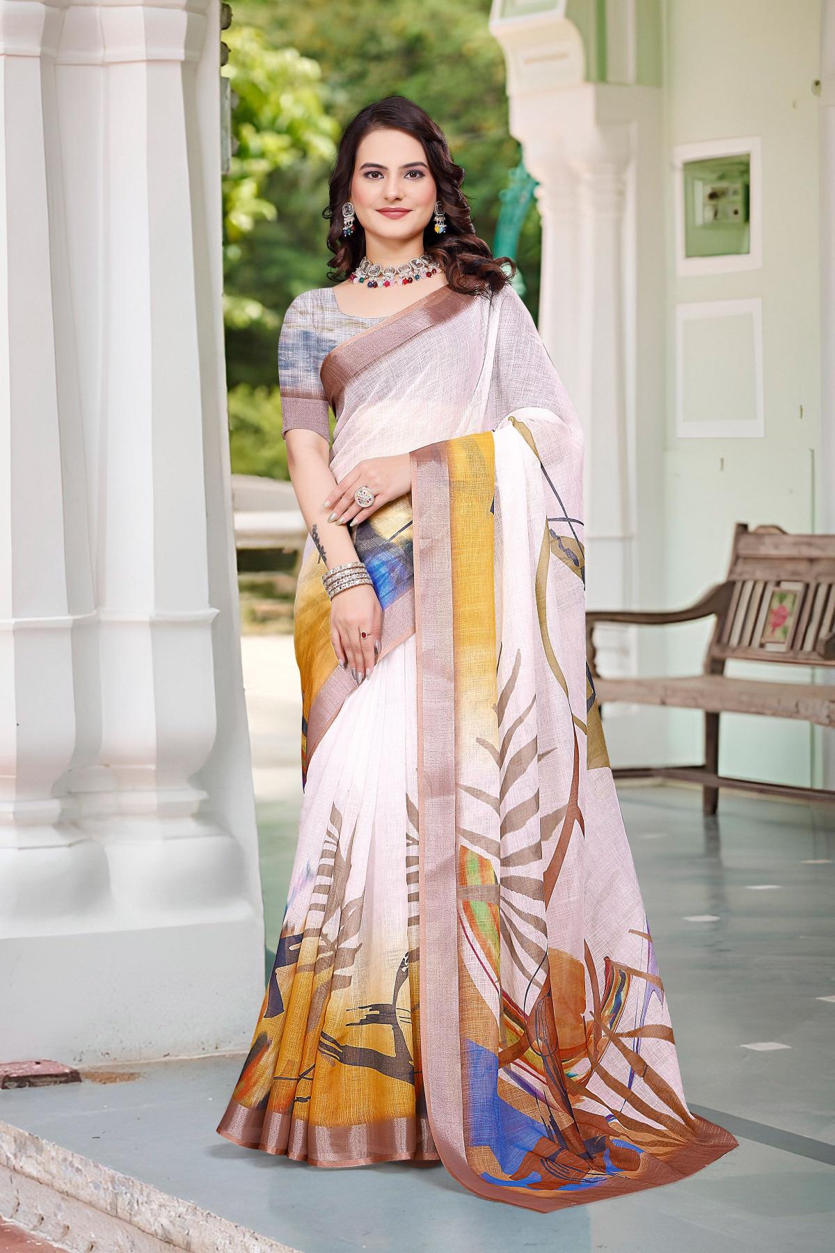 Printed Off White Linen Cotton Saree