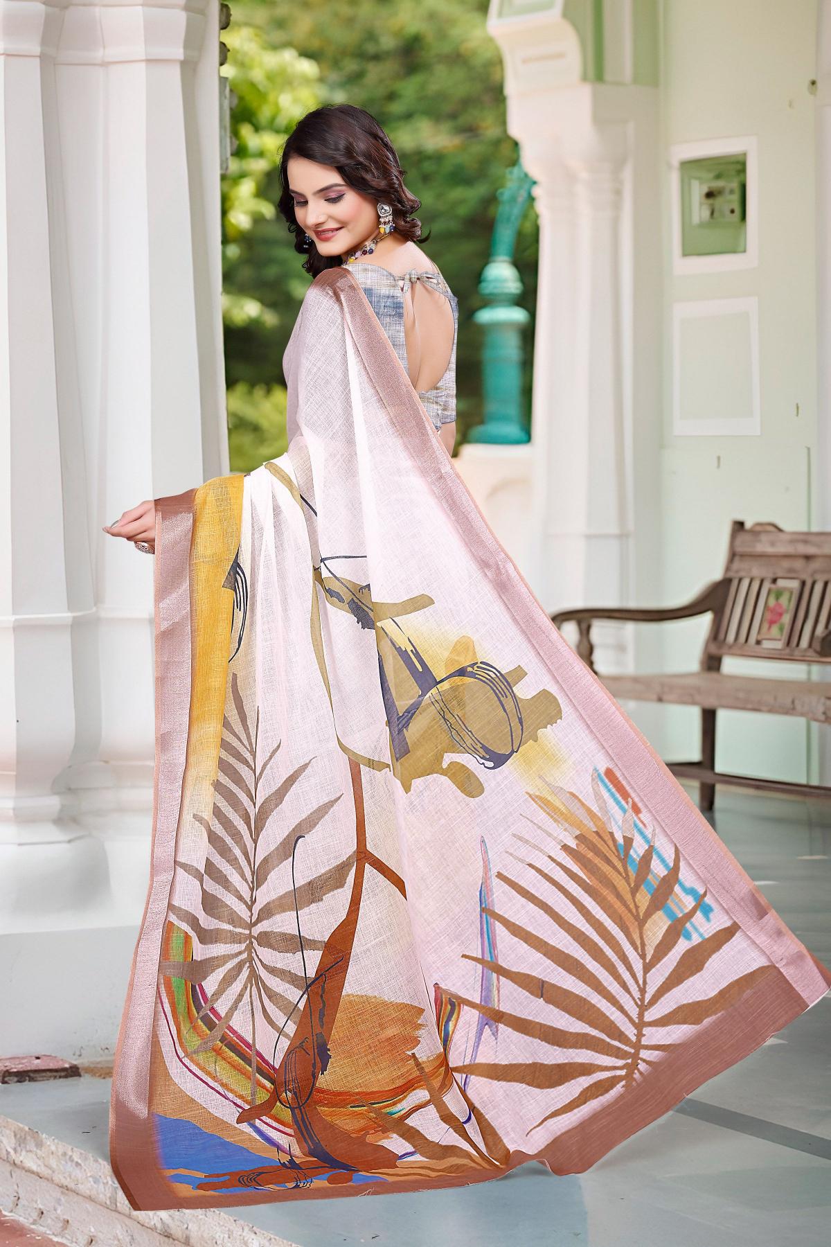 Printed Off White Linen Cotton Saree