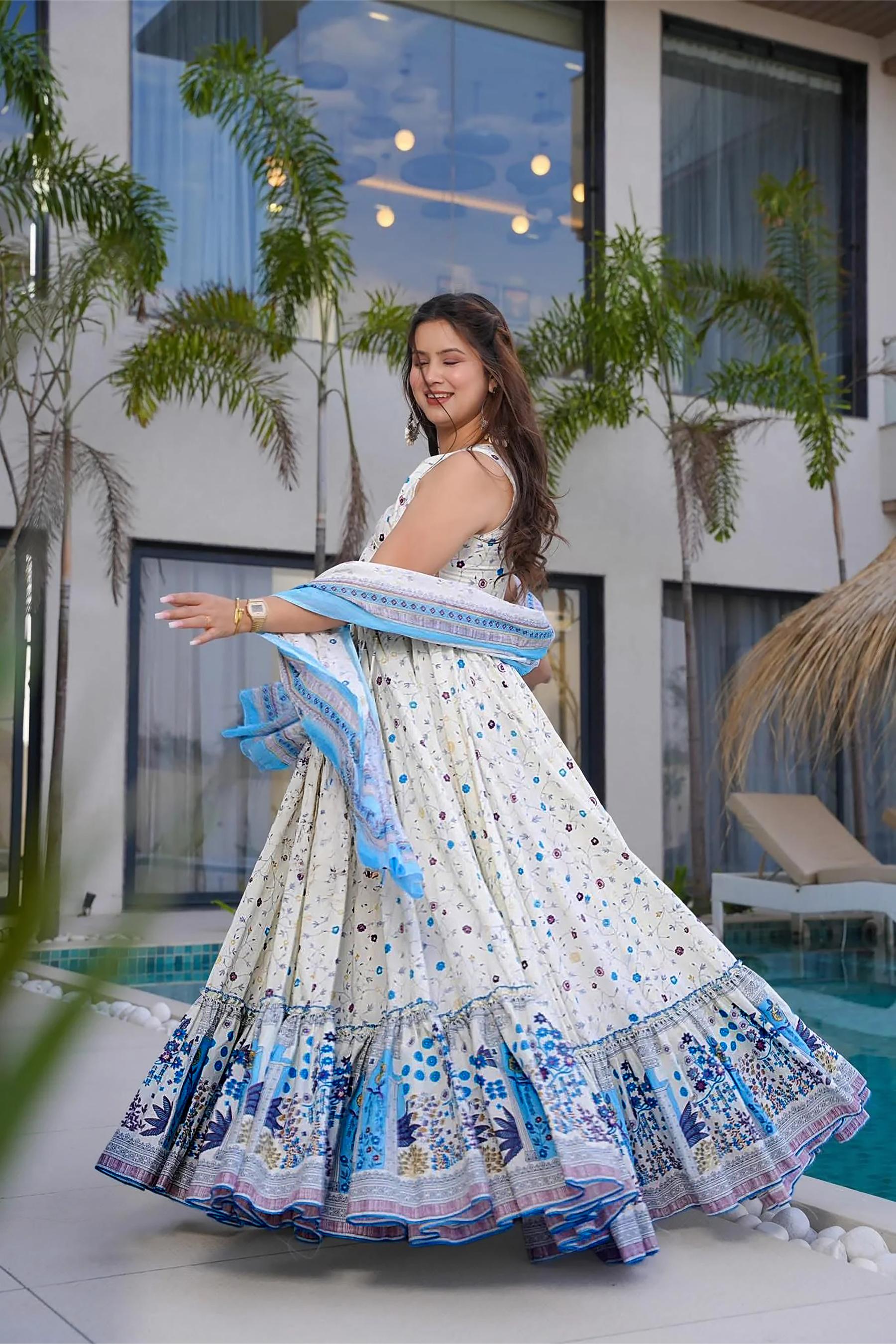 Printed Off White Rayon Gown