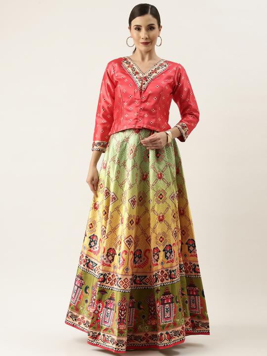 Printed Orange N Multicolor Crop Top Lehenga