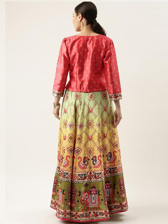 Printed Orange N Multicolor Crop Top Lehenga — alternate view