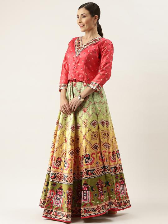 Printed Orange N Multicolor Crop Top Lehenga