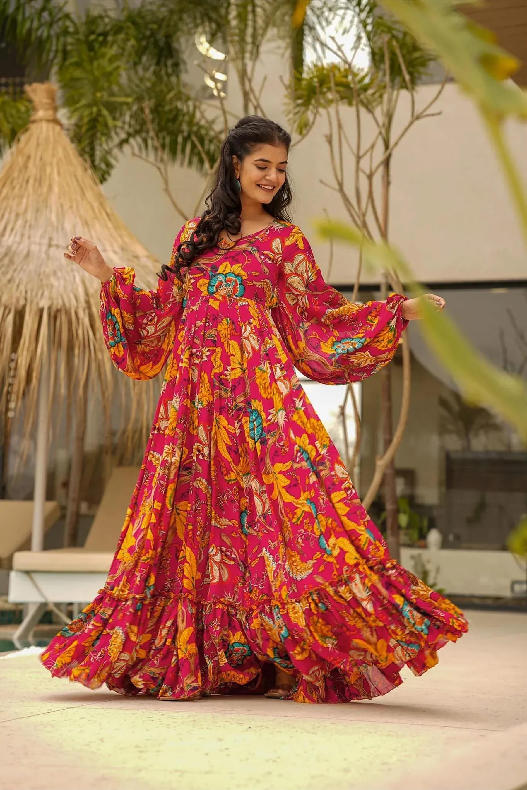 Printed Pink Airtex Chinon Gown