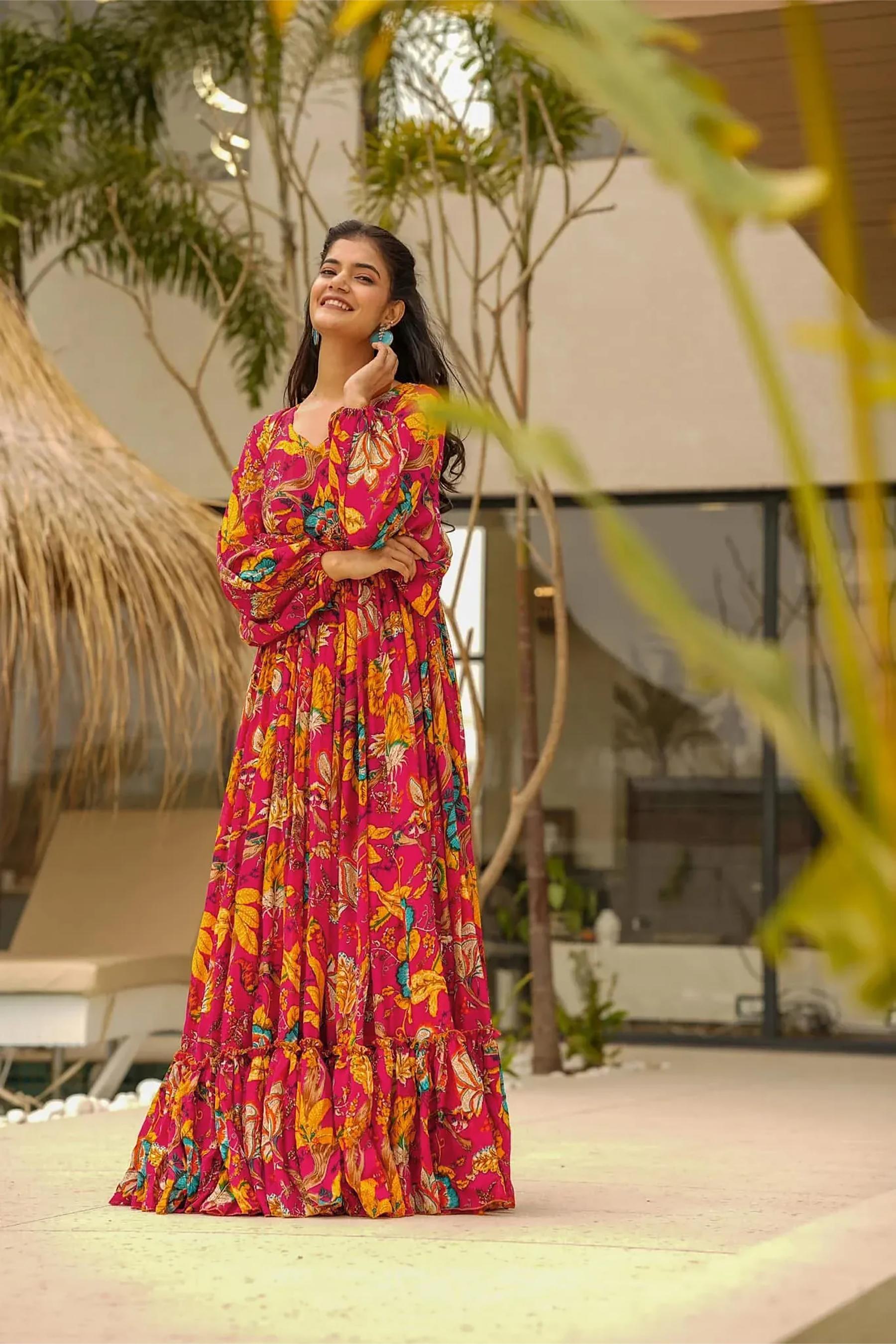 Printed Pink Airtex Chinon Gown