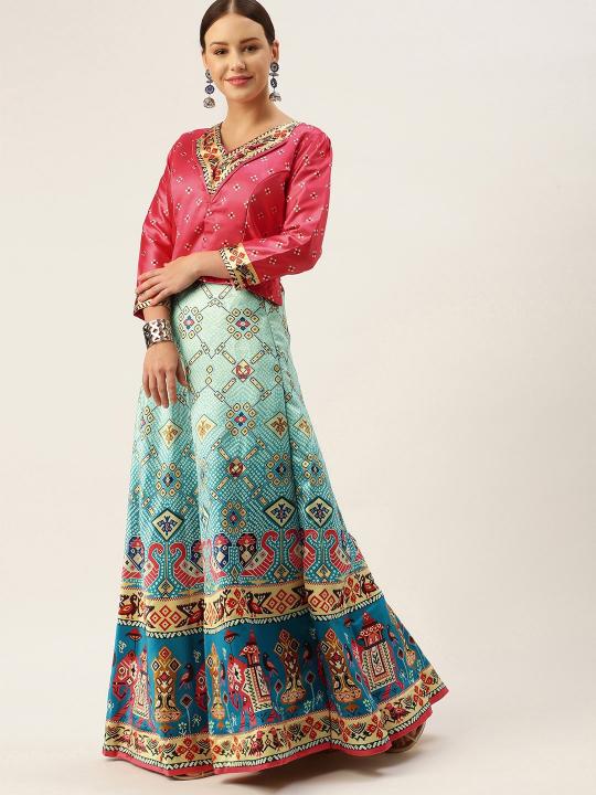 Printed Pink N Multicolor Crop Top Lehenga