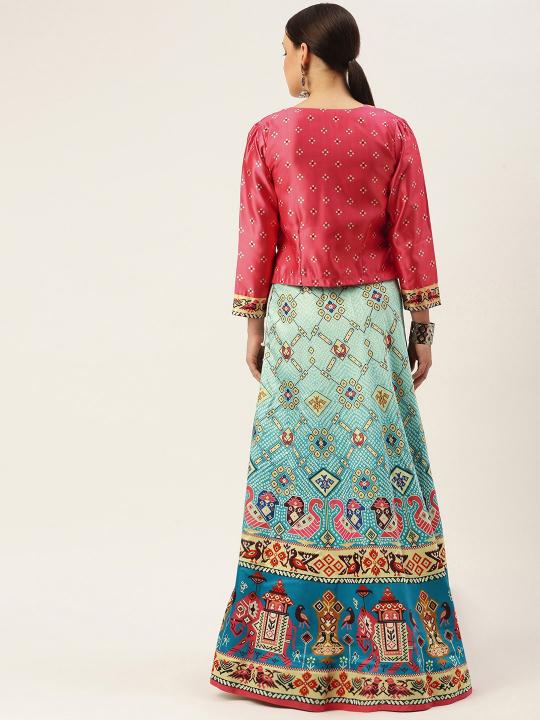 Printed Pink N Multicolor Crop Top Lehenga — alternate view