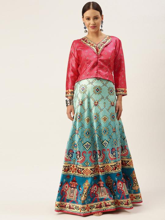 Printed Pink N Multicolor Crop Top Lehenga