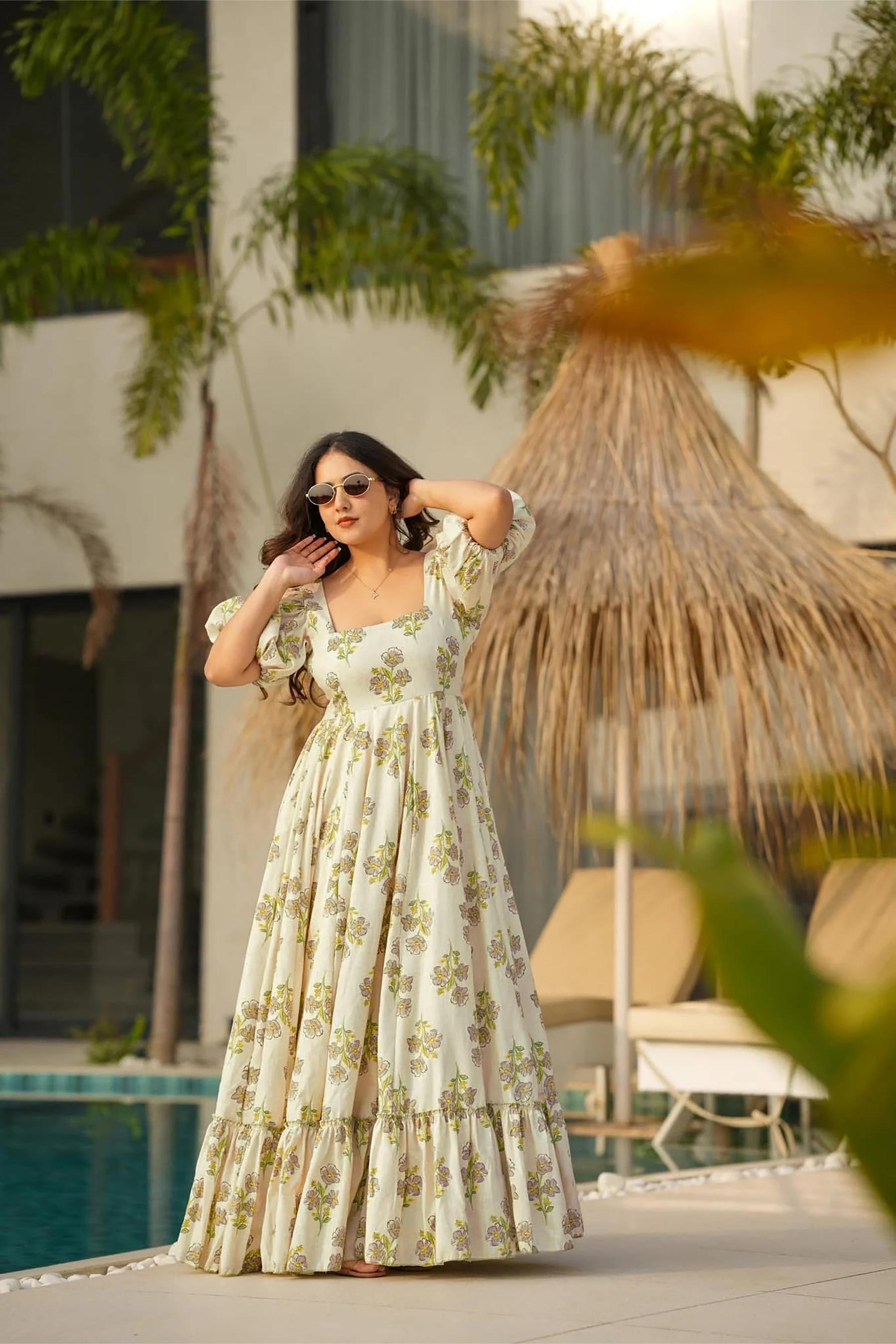 Printed Pista Rayon Gown