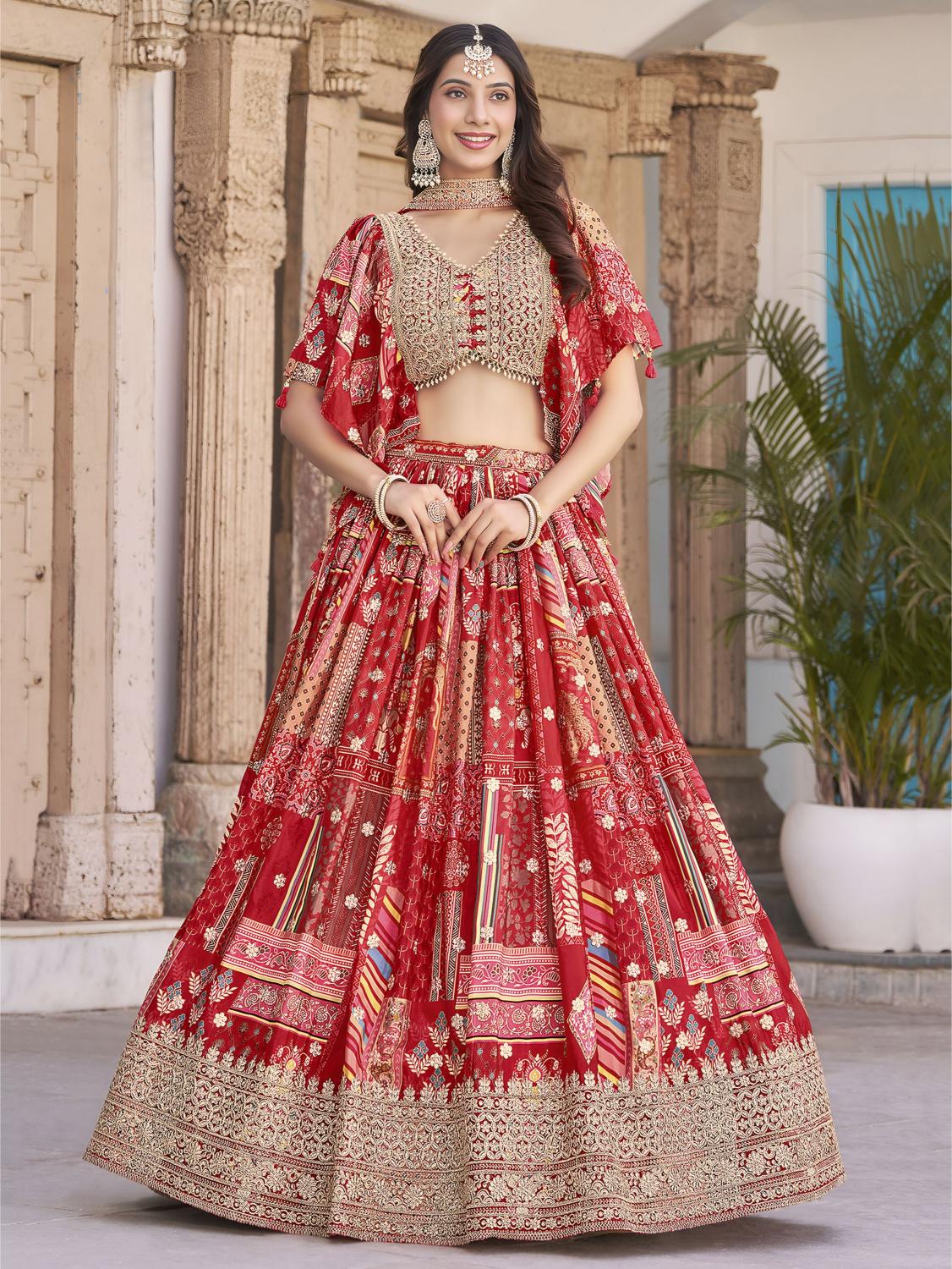 Printed Red Chinon Silk Lehenga