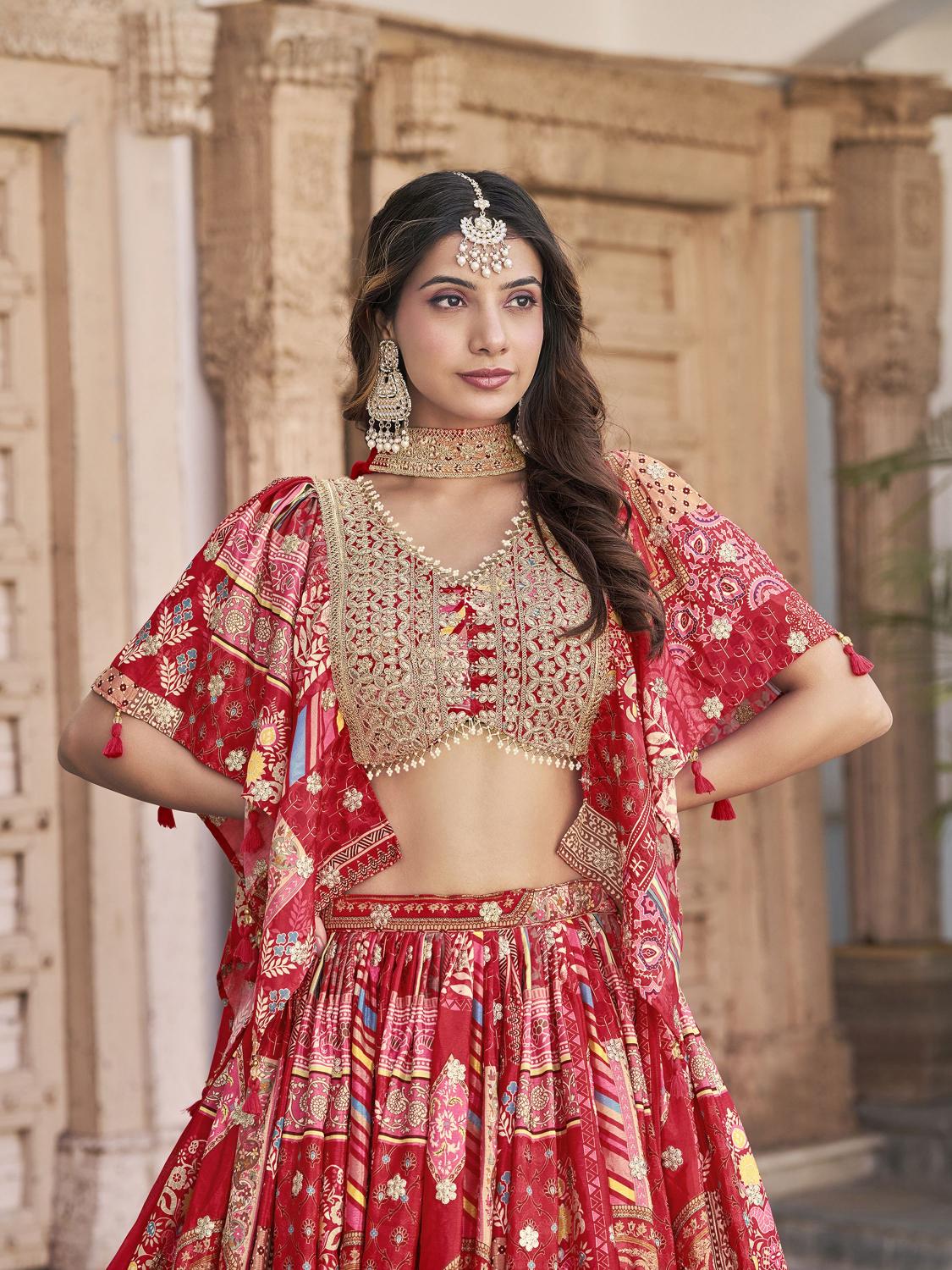 Printed Red Chinon Silk Lehenga — alternate view