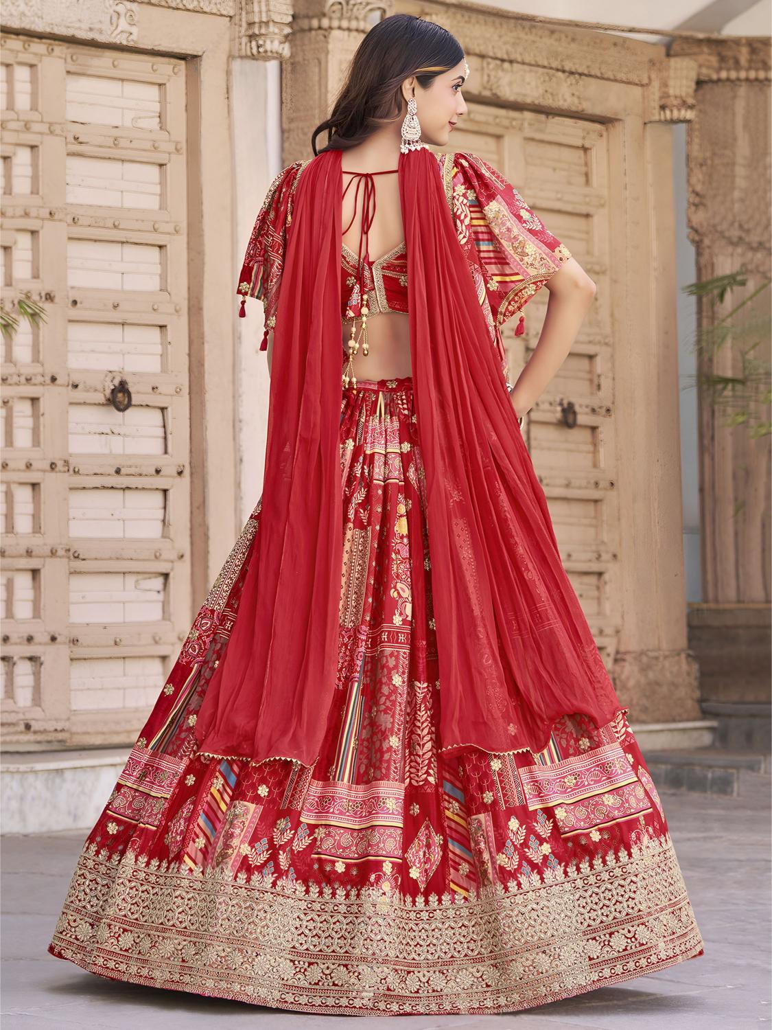 Printed Red Chinon Silk Lehenga